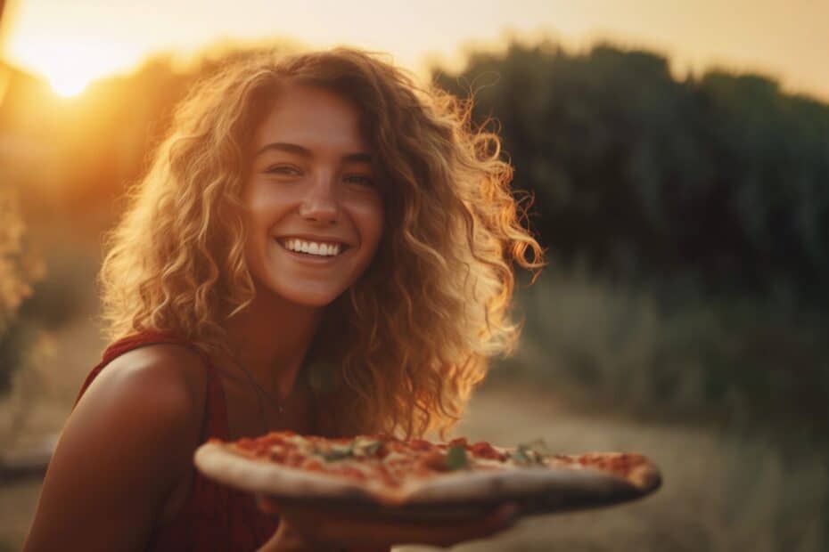 Coverbild zum Artikel über Xclusive Escort mit einer glücklichen Frau die Pizza isst