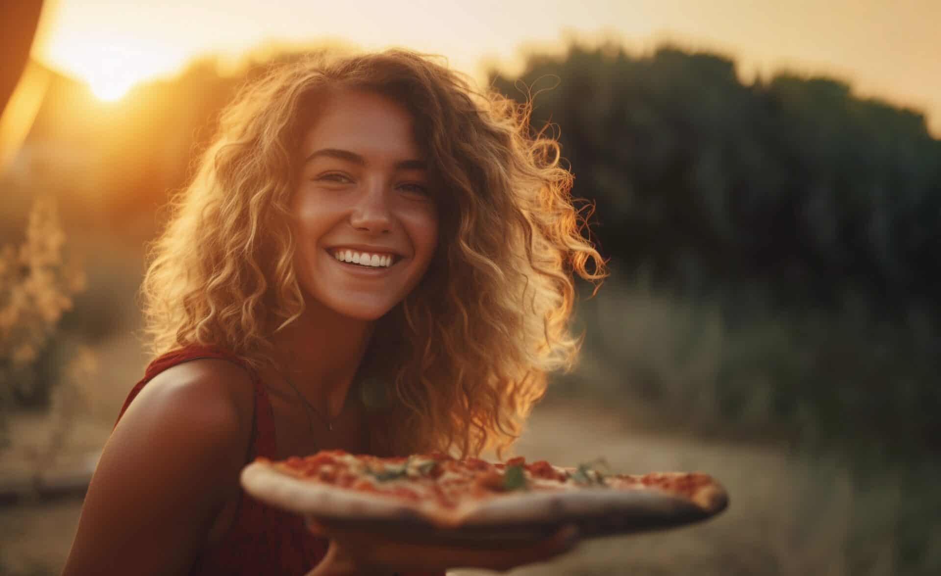 Coverbild zum Artikel über Xclusive Escort mit einer glücklichen Frau die Pizza isst